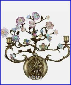 PORCELAIN & BRONZE BIRDS/FLOWERS WALL HANGING CANDLE SCONCE, 13 x 13H