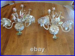 Painted Metal Floral Candleholder Wall Sconces Pair