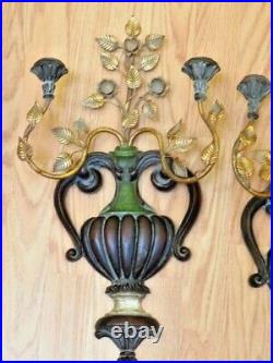 Pair 1960s Vtg Palladio Italian Gilt Wood Metal Wall Candle Sconces Urns Floral