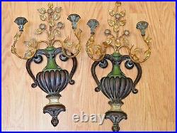 Pair 1960s Vtg Palladio Italian Gilt Wood Metal Wall Candle Sconces Urns Floral