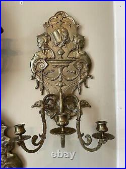 Pair 19th Century French Cast Bronze Three Arm Candleabra Poetry Wall Sconces