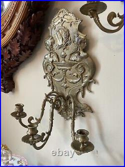 Pair 19th Century French Cast Bronze Three Arm Candleabra Poetry Wall Sconces