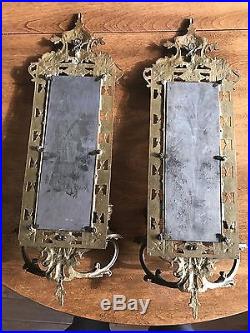 Pair (2) Antique Bronze Wall Candleholders Mirror Sconces Dolphins 23 Tall