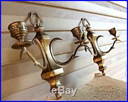 Pair 2 Double Arm Bronze Wall Sconces Candle Holders Brass Vintage Antique
