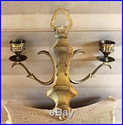 Pair 2 Double Arm Bronze Wall Sconces Candle Holders Brass Vintage Antique
