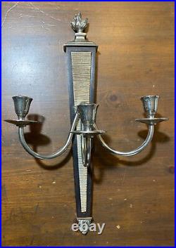 Pair 2 Global Views Triple Arm Wall Candle Sconces Flame Torch Silver & Wood