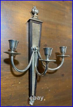 Pair 2 Global Views Triple Arm Wall Candle Sconces Flame Torch Silver & Wood
