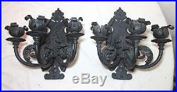 Pair 2 LARGE antique ornate solid wrought iron candle holder wall sconce fixture