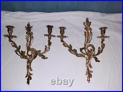 Pair 2 Large Solid Brass Ornate Double Candle Holder Wall Sconces vintage 16x15
