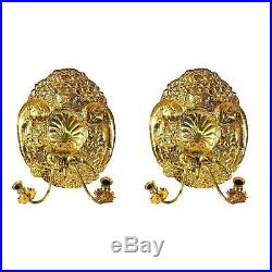 Pair 2 MOTTAHEDEH Double Baroque Repousse Brass Wall Sconces Candle Holders Lamp