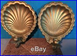 Pair/2-VTG Solid Brass Wall Sconce Candle Holders-Clam Shell, India (8/1)