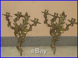 Pair @ 2 Vintage Antique Gilded Iron Bronze Wall Sconces Candle Holders 15
