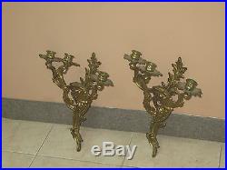 Pair @ 2 Vintage Antique Gilded Iron Bronze Wall Sconces Candle Holders 15