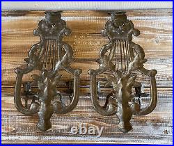 Pair 2 Vintage Brass Figural Harp Double Candle Holder Wall Sconces 18 Art Deco