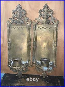 Pair (2) Vintage Brass Ornate Wall Hanging Sconces Candle Holders-16 Inch