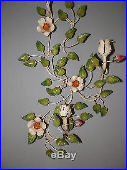 Pair (2) Vintage Italy Tole Floral Candle Holder Rose Buds 22 Tall Wall Sconce
