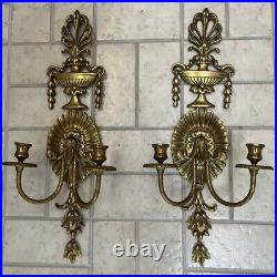 Pair 2 Vtg Cast Brass Baroque Style French 2 Arm Candle Holder Wall Sconces