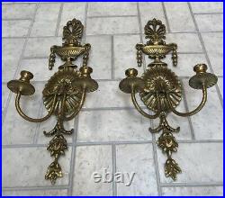 Pair 2 Vtg Cast Brass Baroque Style French 2 Arm Candle Holder Wall Sconces