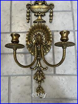 Pair 2 Vtg Cast Brass Baroque Style French 2 Arm Candle Holder Wall Sconces