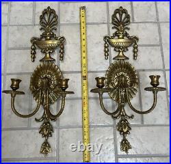 Pair 2 Vtg Cast Brass Baroque Style French 2 Arm Candle Holder Wall Sconces