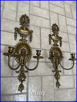 Pair 2 Vtg Cast Brass Baroque Style French 2 Arm Candle Holder Wall Sconces