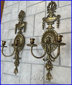 Pair 2 Vtg Cast Brass Baroque Style French 2 Arm Candle Holder Wall Sconces