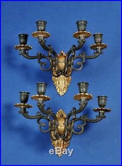 Pair Antique 19th Century French Patina n Gilt Bronze Wall Sconces 8 Lights