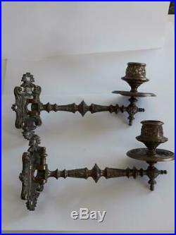 Pair Antique Art Deco Solid Brass Bronze Piano Wall Sconce Candle Holders