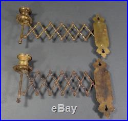 Pair Antique Brass Wall Sconce Candle Holder Accordion Extension Scissor Arm