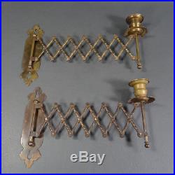 Pair Antique Brass Wall Sconce Candle Holder Accordion Extension Scissor Arm