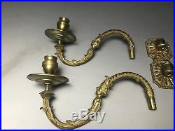 Pair Antique Brass Wall mounted Candlesticks Ornate Figural Antique