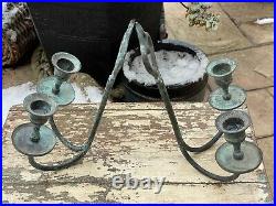 Pair Antique Bronze Brass Gothic Wall Fixed Double Candle Sconces Holders Patina