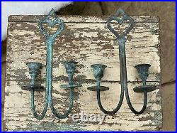 Pair Antique Bronze Brass Gothic Wall Fixed Double Candle Sconces Holders Patina