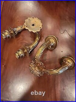 Pair Antique Bronze/Brass Small Double Wall Sconces