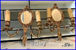Pair Antique French Beveled Mirror Sconces Electric Wall Lights Candle Holders