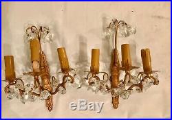 Pair Antique French Crystal Sconces Electric Wall Lights Treble Candle Holder