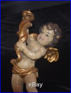 Pair Antique Hand Carved Wooden Wall Angel/ Cherub/ Putti Candleholders- 9.25H