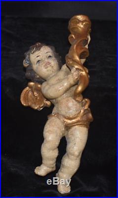 Pair Antique Hand Carved Wooden Wall Angel/ Cherub/ Putti Candleholders- 9.25H