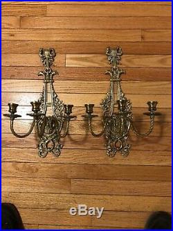 Pair Antique Large 3 Arm Brass Wall Sconce Candle Holders