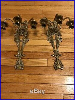 Pair Antique Large 3 Arm Brass Wall Sconce Candle Holders