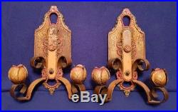 Pair Antique Lincoln No 904 Cast Iron Wall Candle Holder Light Sconces Rose Bud