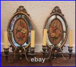 Pair Antique Oil Painting Floral French Gold Metal Wall Sconces Candleholders