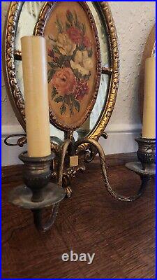 Pair Antique Oil Painting Floral French Gold Metal Wall Sconces Candleholders