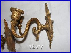Pair Antique Ormolu Bronze Rococo Wall Sconce Candle Holders 2 Arm