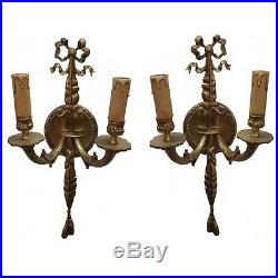 Pair Antique Replica Brass French Ornate Candle Holders Wall Sconces Lamps