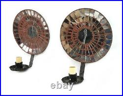 Pair Antique Tin Mirror Mosaic Candle Holder Wall Sconces Electrified