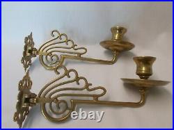 Pair Antique Vintage Brass Wall Piano Candle Sconces Holders Art Nouveau Design