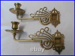 Pair Antique Vintage Brass Wall Piano Candle Sconces Holders Art Nouveau Design