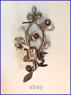 Pair Antique/Vintage Italian Tole Flowers Wall Candle Holder Silver Sconces