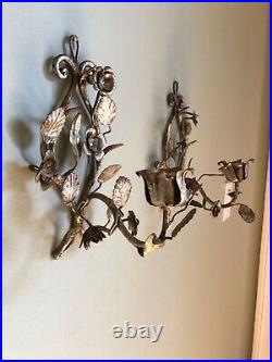 Pair Antique/Vintage Italian Tole Flowers Wall Candle Holder Silver Sconces